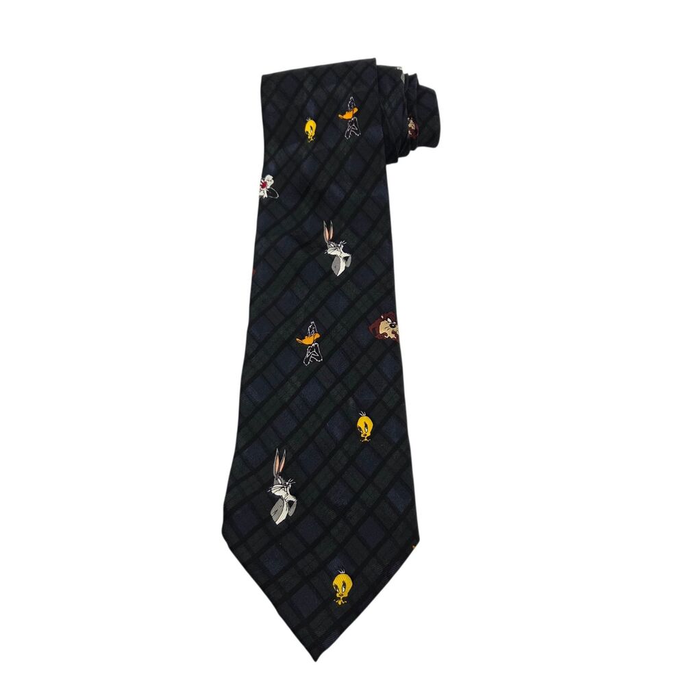 Vintage 1995 Looney Tunes Mania Plaid Silk Necktie Bugs Bunny Tweety Daffy Taz